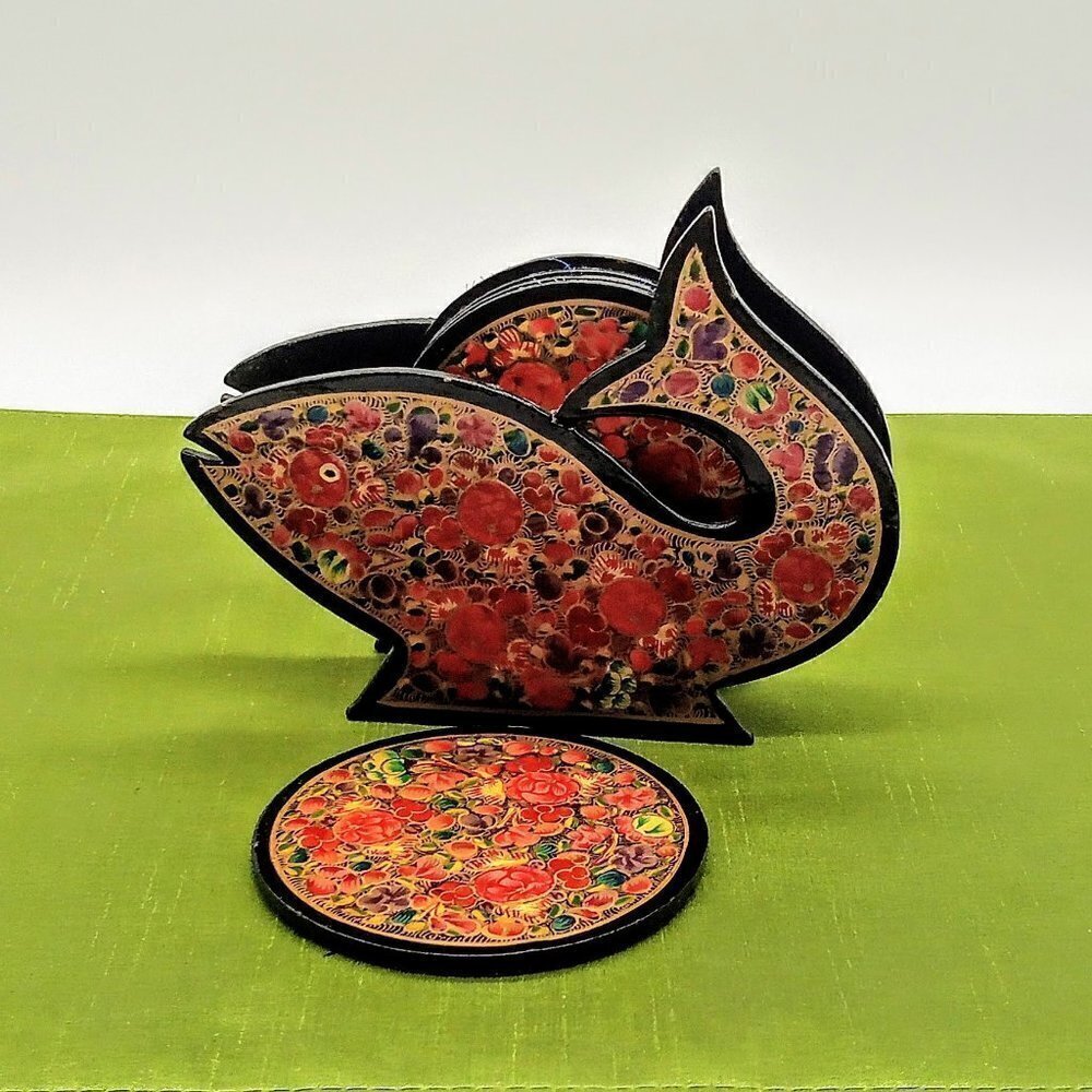 Hand-Painted Lacquer Wood Round Coasters 6-Pc Set